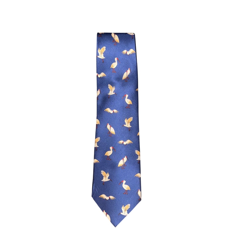 Vintage Lanbo Mens Silk Necktie Navy Blue‎ Crane Ibis Bird Pattern Tie - Picture 2 of 4